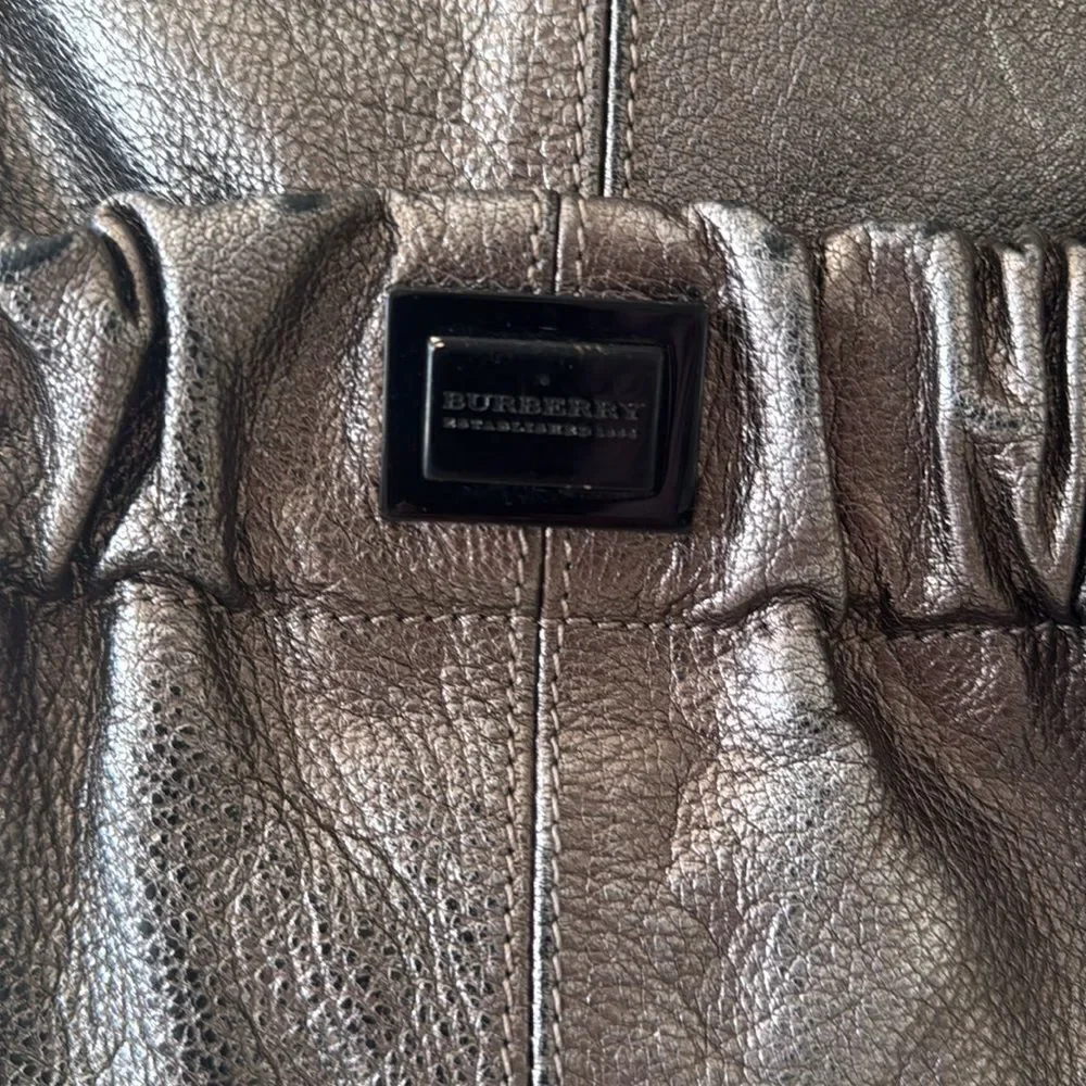 Burberry Warrior Metallic Pewter Leather Satchel Shoulder Handbag Hobo Ruched